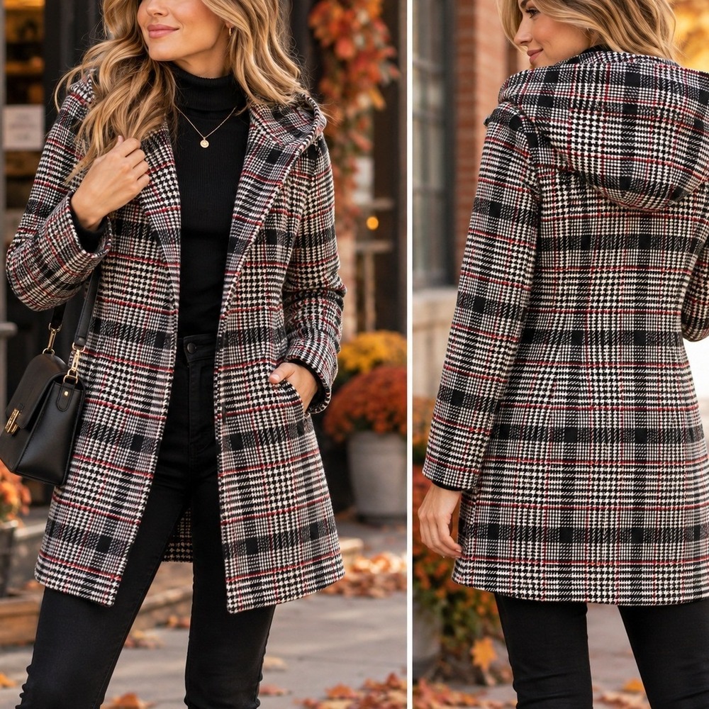 Haily's Women Black White Red Plaid Hooded Zip Front Trench Coat Small